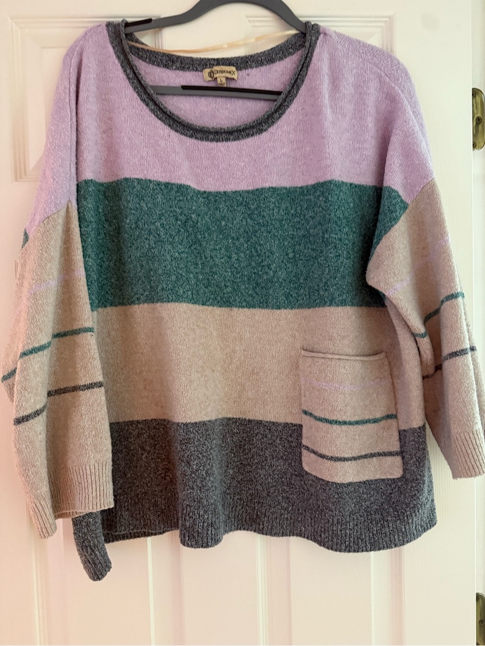 Democracy Striped Scoop Neck Sweater in Lavender, Teal, Cream